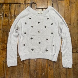 Ann Taylor LOFT Sweater Women S Gray Knit Delicate Jeweled Ribbed Hem Round Neck